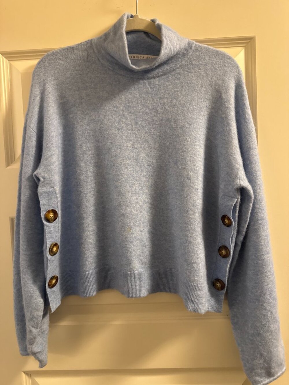 Veronica Beard Light Blue Turtleneck Sweater Horn Button Sides Size S
